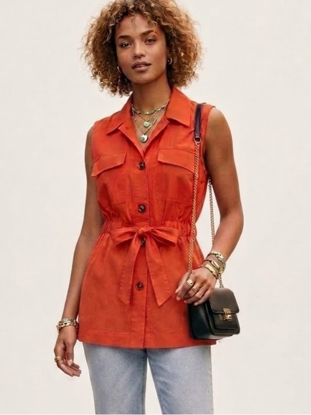 Marc New York Orange Utility Shirt Sz M Tie Belt Button-Up Pockets Elastic Waist